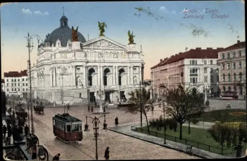 Ak Lwów Lemberg Ukraine, Theater, Straßenbahn