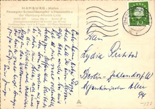 Ak Hamburg Atlantic Linie, Passagier-Schnelldampfer Hanseatic
