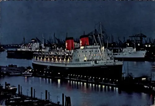 Ak Dampfschiff TS Hanseatic, Deutsche Atlantic Line, Überseebrücke bei Nacht