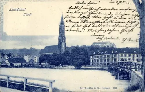 Ak Landshut in Niederbayern,  Kirche, Fluss, Brücke, 