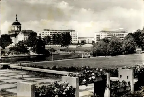 Ak Potsdam Sanssouci, Blick von der Freundschaftsinsel, Gebäude, Bäume, Fluss