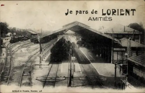 Ak Lorient Morbihan, Bahnhof  Züge, Gleise, Abfahrt, Schwarz-Weiß-Foto