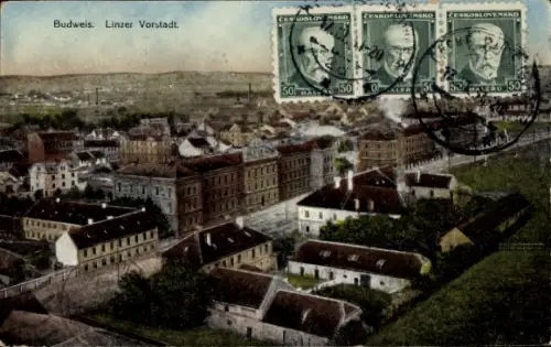 Ak České Budějovice Budweis Südböhmen, Luftaufnahme von  Linzer Vorstadt, zwei Briefmarken, Text 