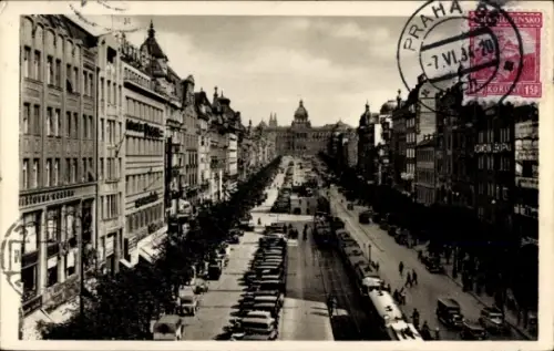 Ak Praha Prag Tschechien, Schwarz-Weiß-Foto, Wenzelsplatz, Autos, Menschen, Gebäude, Poststempel