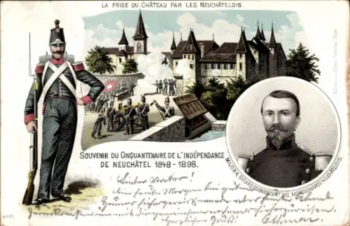 Litho Neuchâtel Neuenburg Stadt, Schloss, Jahrestag der Unabhängigkeit 1848-1898