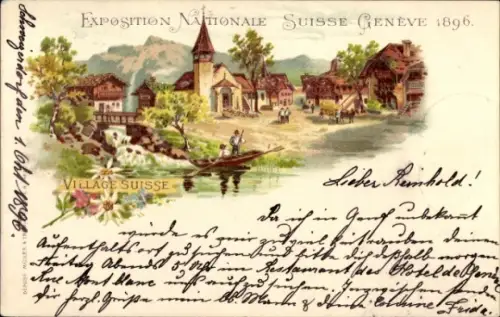 Ak Genf Stadt Schweiz,  von der Exposition Nationale Suisse 1896, Dorfansicht, Boot auf dem Wasse