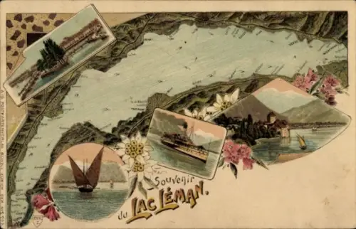Ak Genf Kanton Schweiz, Lac Leman, Karte des Genfersees, Schiffe, Landschaft, Blumen, nverlag