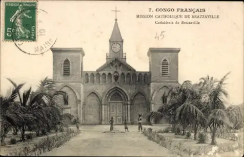 Ak Brazzaville Französisch Kongo, Kathedrale von  Mission Catholique, Palmengarten, französische 