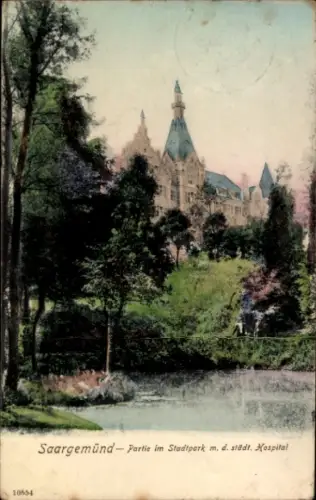Ak Sarreguemines Saargemünd Lothringen Moselle, Stadtpark mit dem städtischen Hospital