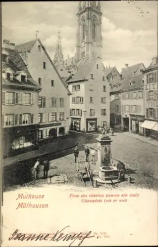 Ak Mulhouse Mülhausen Elsass Haut Rhin,  Gänseplatz,  Gebäude, Brunnen, Uhrturm