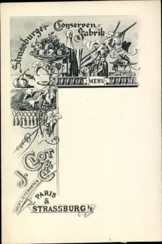 Ak Sélestat Schlestadt Schlettstadt Elsass Bas Rhin, Menü der Strassburger Conservenfabrik, Hofli