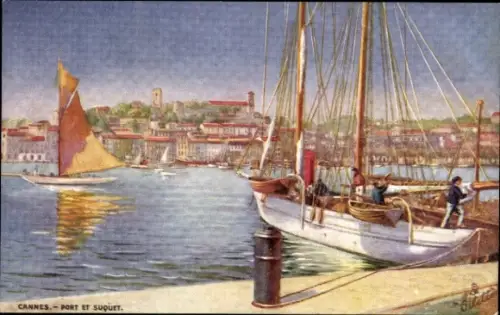 Ak Cannes Alpes Maritimes, Hafenansicht, Segelboote, Mont Chevalier, Suquet
