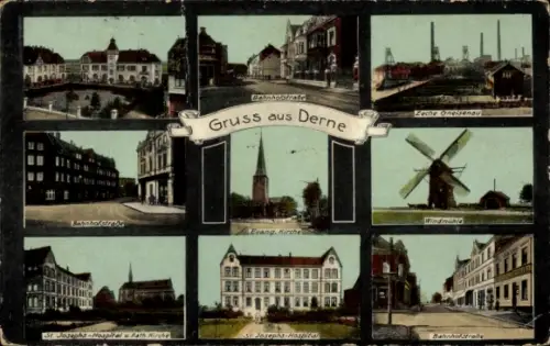 Ak Derne Dortmund im Ruhrgebiet, Verschiedene Ansichten von  Bahnhofstraße, Windmühle, Kirchen