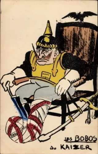 Ak Kaiser Wilhelm II., Karikatur, Verletztes Bein