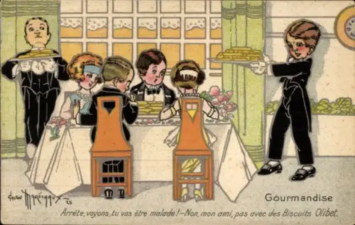 CPA Reklame, Biscuits Olibet, Kellner, Menschen am Tisch