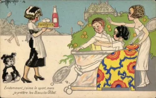 CPA Reklame, Biscuits Olibet, Kellnerin, Tennisschläger
