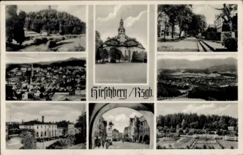 Ak Jelenia Góra Hirschberg Riesengebirge Schlesien, Gnadenkirche, Hauptbahnhof, Markt, Strandbad