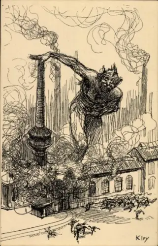 Künstler Ak Kley, Teufel, Fabrik, Schornstein, Fliehende Menschen