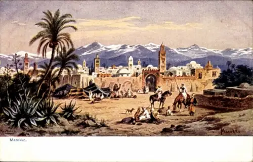 Ak Marrakech Marrakesch Marokko, Landschaft mit Bergen, Palmen, Stadtmauer, Reiter, Zelte, Mensch