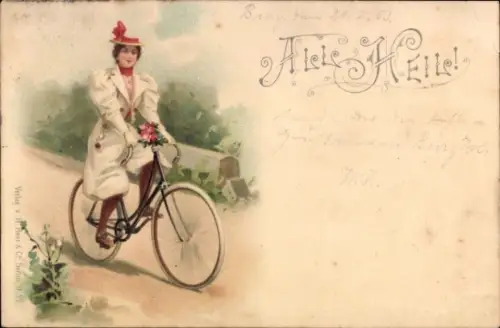 Litho All Heil, Fahrradfahrerin, Spazierfahrt, Damenrad