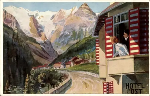 Künstler Ak Hotel Post, Gebirge, Straße