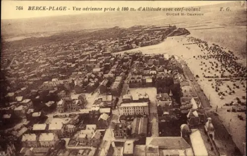 Ak Berck Plage Pas de Calais, Vue aerienne prise a 100m d'Altitude avec Cerf Volant