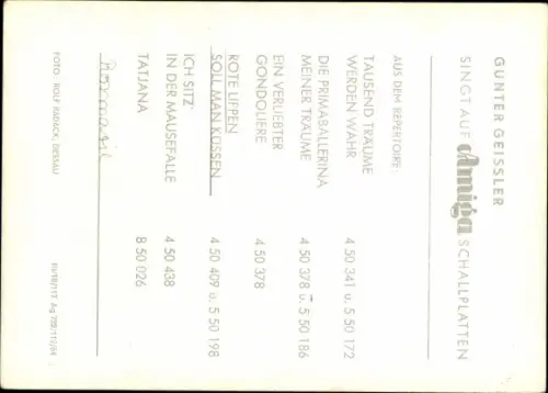 Ak Sänger Günter Geißler, Schlagersänger, Amiga, Portrait, Autogramm