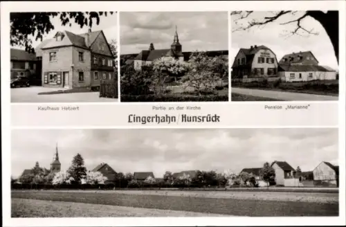 Ak Lingerhahn im Hunsrück, Kaufhaus Hetzert, Kirchpartie, Pension Marianne, Totale