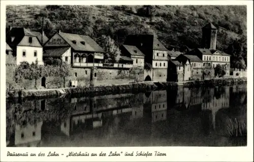 Ak Dausenau an der Lahn, Wirtshaus an der Lahn und Schiefer Turm