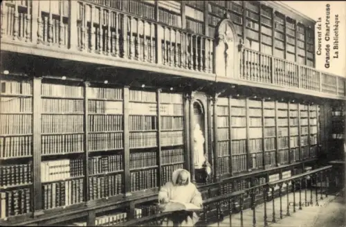 Ak Grande Chartreuse Isère, Bibliothek, Bücherregale, lesender Mönch