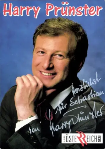 Autogrammkarte Moderator und Musiker Harry Prünster, Portrait, Autogramm