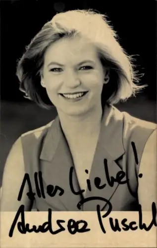 Autogrammkarte Moderatorin Andrea Pusch, Portrait, Autogramm