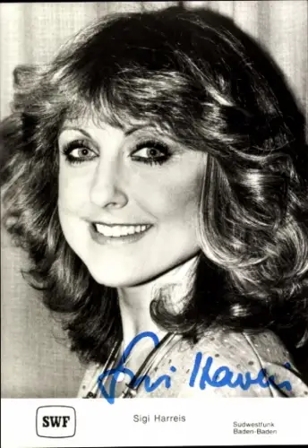 Autogrammkarte Moderatorin Sigi Harreis, Portrait, Autogramm