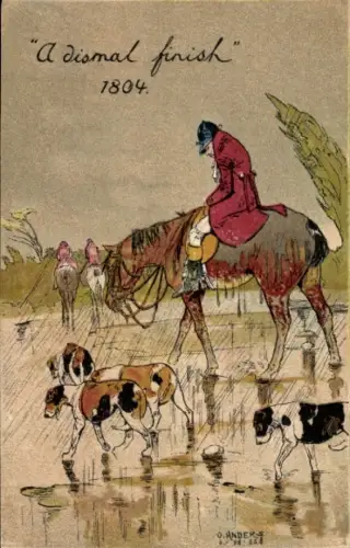 Künstler Litho Anders, O., Missglückte Jagd, Jäger, Jagdhunde, Pferd