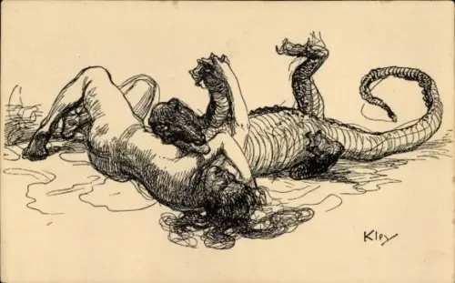 Künstler Ak Kley, H., Krokodil greift eine Frau an