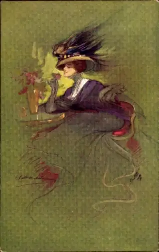 Künstler Ak Gemaltes Frau-Porträt, Hut, Kleid, Blumen, Moderne Meister