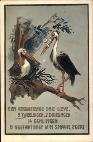 Ak Störche, Storch mit gebundenem Schnabel