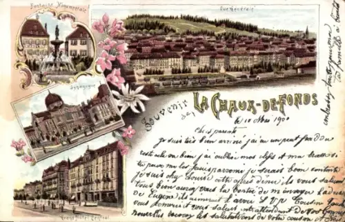 Litho La Chaux de Fonds Kanton Neuenburg, Grand Hotel Central, Synagoge, Monumentalbrunnen