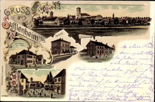 Litho Soufflenheim Sufflenheim Elsass Bas Rhin, Bahnhof, Straßenpartie, Gasthaus zur Post