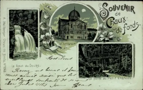 Judaika Mondschein Litho La Chaux de Fonds Kanton Neuenburg, Synagoge, Wasserfall