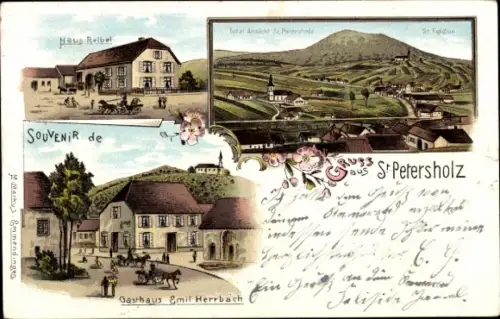 Litho Sankt Petersholz Elsass Bas Rhin, Gesamtansicht, Haus Reibel, Gasthaus Emil Herrbach