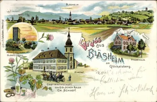 Litho Blaesheim Bläsheim Elsass Bas Rhin, Gastwirtschaft zum gold. Adler, Pfarre
