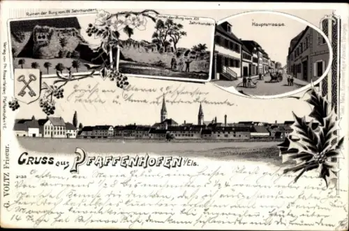 Litho Pfaffenhoffen Pfaffenhofen Elsass Bas Rhin, Hauptstraße, Burgruine, Totalansicht
