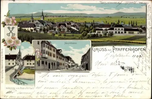 Litho Pfaffenhoffen Pfaffenhofen Elsass Bas Rhin, Gesamtansicht, Hauptstraße, Brücke