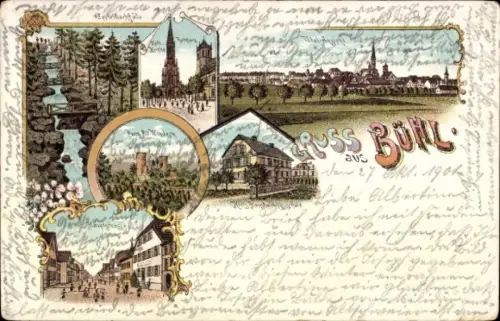 Litho Buhl Bühl Elsass Haut Rhin, Gesamtansicht, Rathaus, Kirche, Burg, Hauptstraße