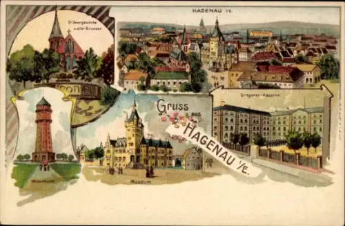 Litho Haguenau Hagenau Elsass Bas Rhin, St. Georgskirche, Wasserturm, Museum, Dragonerkaserne