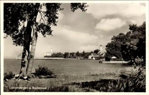 Ak Langenargen am Bodensee, Langenargen am Bodensee, Wasser, Bäume, Hafen, Gebäude