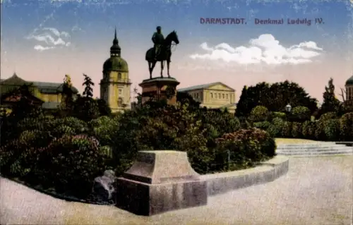 Ak Darmstadt in Hessen, Denkmal Ludwig IV., Reiterstatue, Gartenlandschaft, Darmstadt