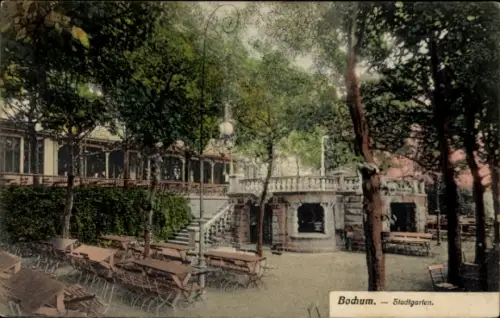 Ak Bochum im Ruhrgebiet,  Stadtgarten, Bäume, Tische, Stühle, Pavillon