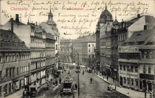 Ak Chemnitz in Sachsen,  Postplatz, Straßenansicht, Tram, Dietze's Restaurant
